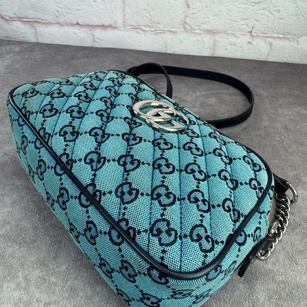 Gucci Monogram Blue Matelasse Diagonal Small GG Marmont Chain Shoulder Bag - Picture 6 of 16
